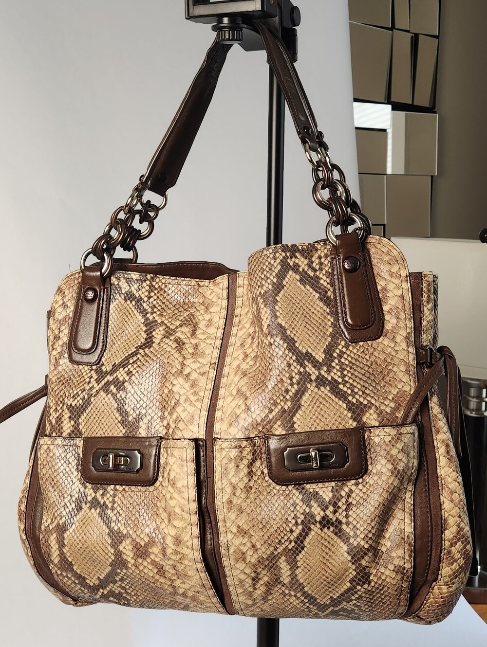 Coach Snake Print Embossed Tote Bag Large Brown Tan Leather Shoulder Purse